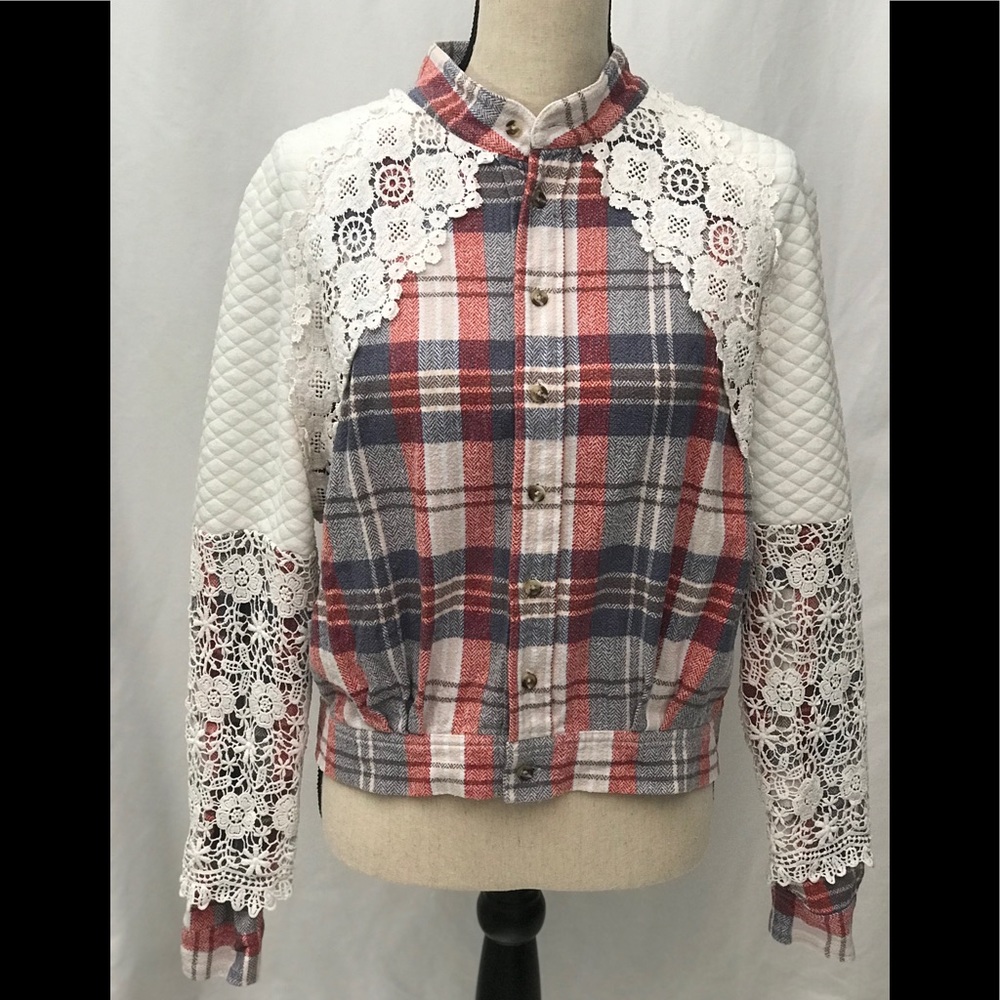 Free People Red Blue White Plaid Lace-Trim Bomber Jacket